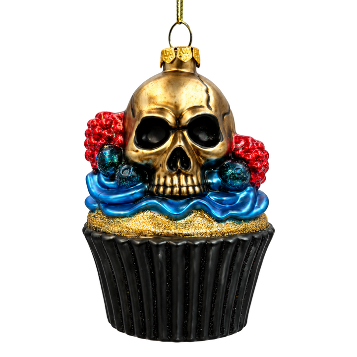 (PRE-ORDER) Gothic Skull Cupcake Glass Ornament, Spooky Halloween Dessert Tree Decor
