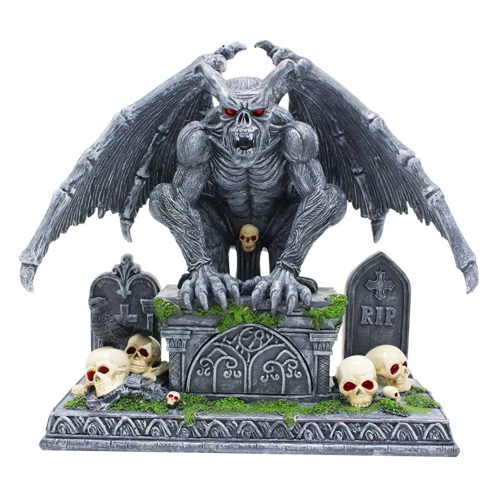 (Pre-Order) Grave Guardian Gargoyle Figurine, 7" Solar Powered Gothic Halloween Garden Statue Resin Statues OrnamentallyYou 