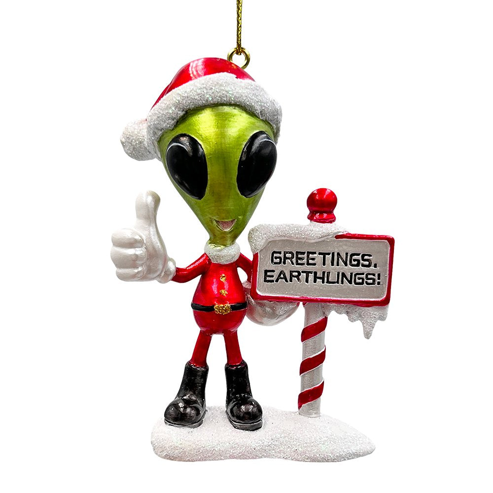 Greetings Earthlings Alien Ornament, Unique UFO Christmas Decor Resin Ornaments OrnamentallyYou 