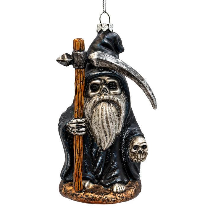 (PRE-ORDER) Grim Reaper Gnome Gothic Glass Ornament, Spooky Halloween Decor
