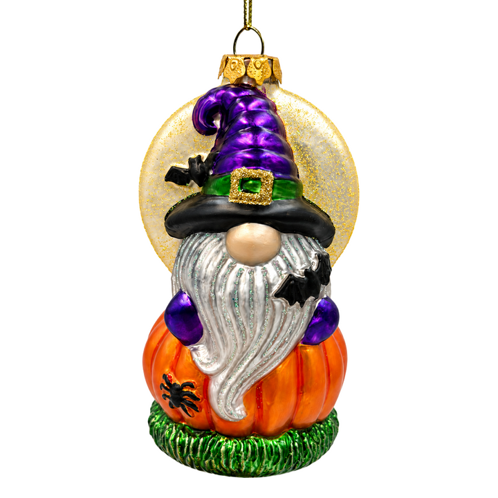 (PRE-ORDER) Halloween Gnome on Pumpkin Glass Ornament, Bat and Moon Spooky Halloween Decor
