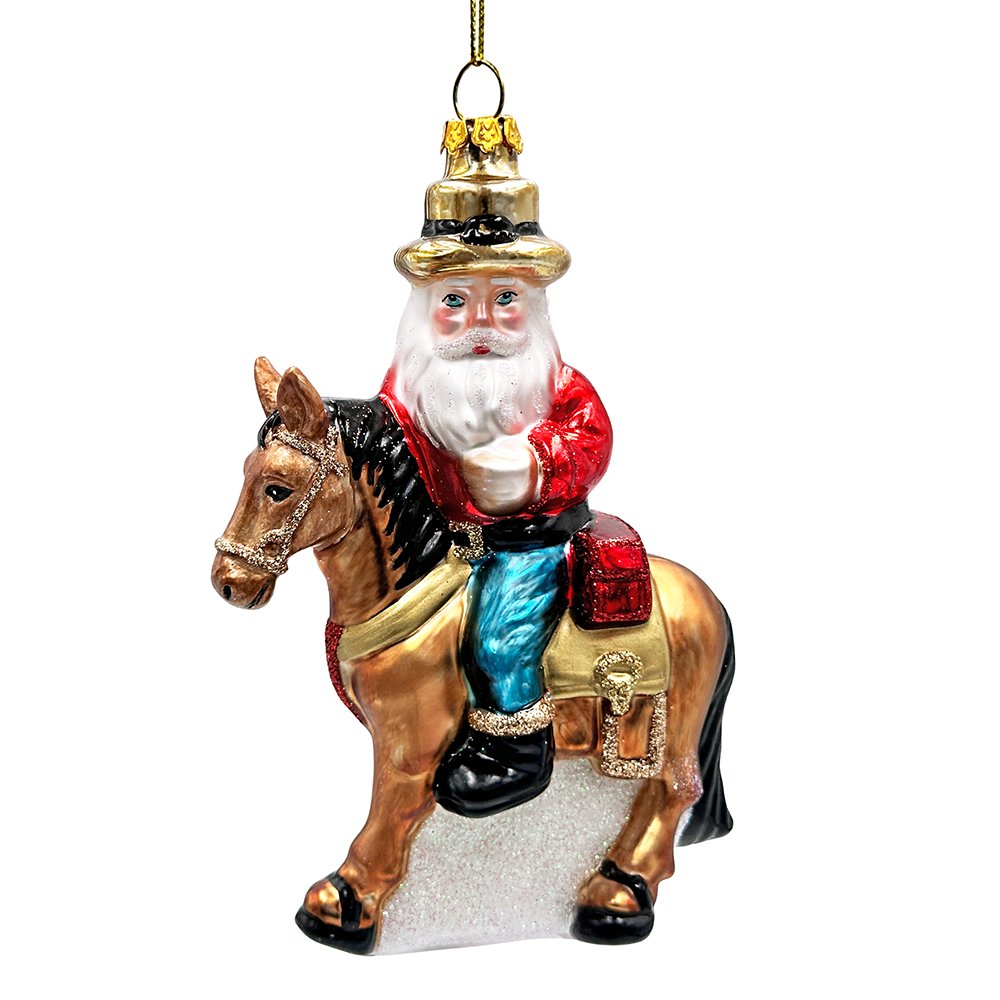 Hardy Wild Western Cowboy Santa Glass Christmas Ornament, Vintage Horse Ridin Farm Style Decor Glass Ornament OrnamentallyYou 