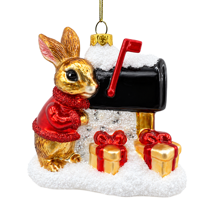 (PRE-ORDER) Hare by Snowy Mailbox Glass Christmas Ornament, Rabbit Holiday Gift Tree Decor