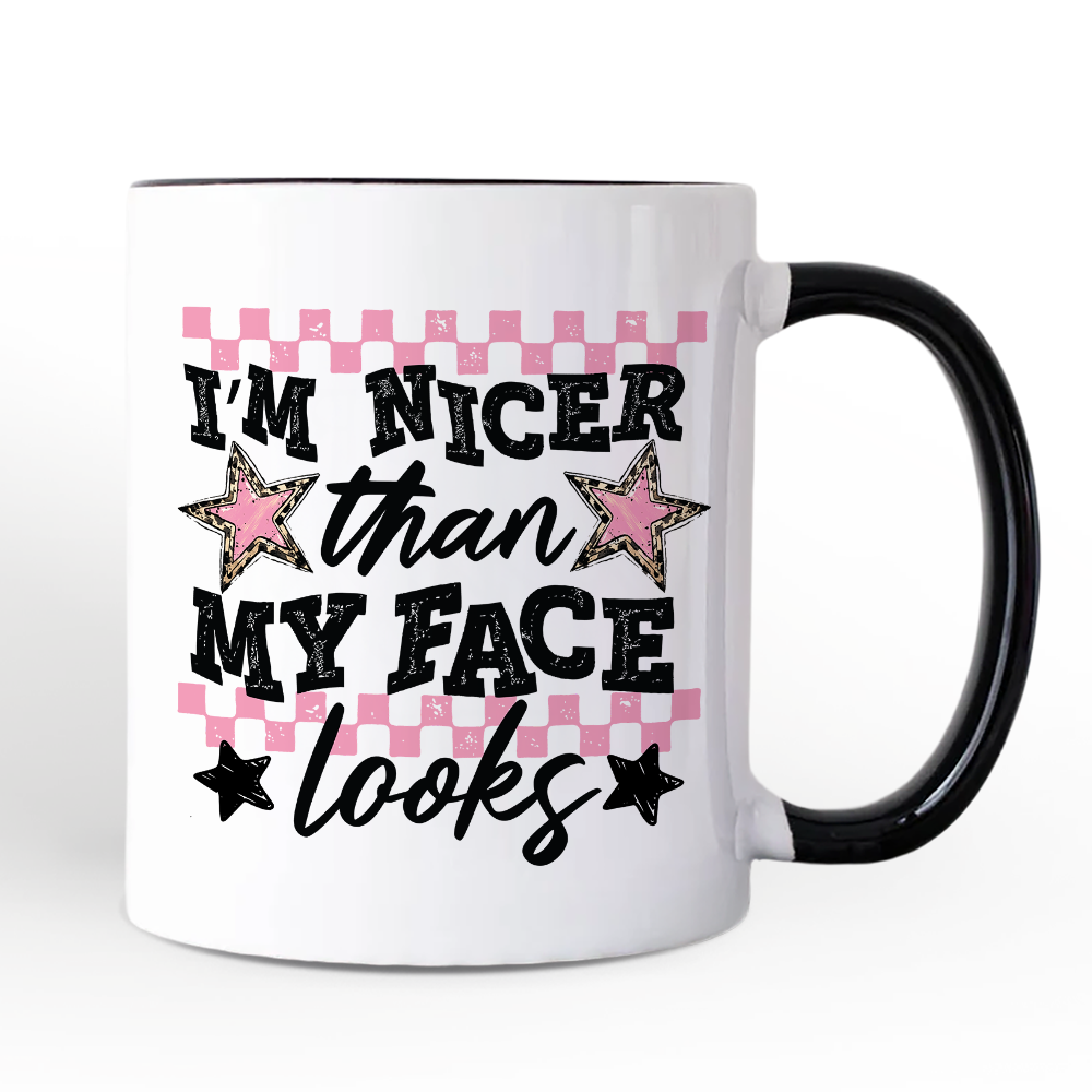 I'm Nicer Than My Face Looks Sarcastic Mug, Relatable Checkered Gift