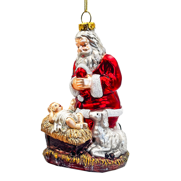 (Pre-Order) Innocent Santa and Baby Jesus Handblown Glass Christmas Ornament, Nativity Christian Holiday Decor