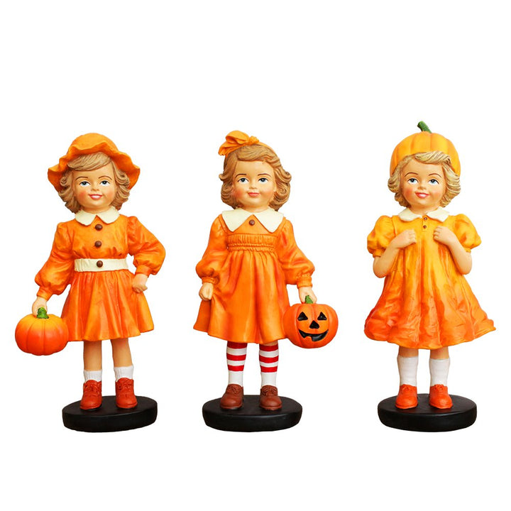 (Pre-Order) Inviting Pumpkin Girl Trio Set of Figurines, 6" Victorian Autumn Fall and Halloween Table Decoration Resin Statues OrnamentallyYou 