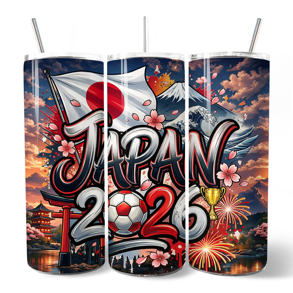 Japan 2026 Soccer Cup Global Championship 20oz Tumbler With Lid and Stainless Steel Straw, Fans Football Gift Cup