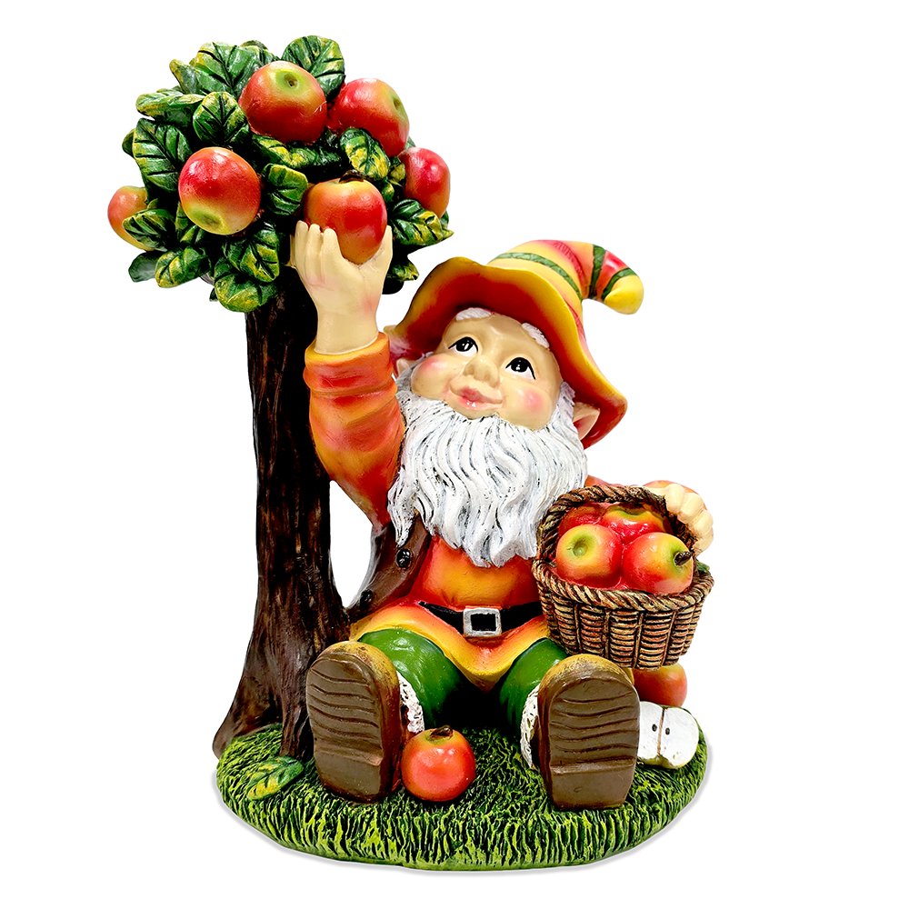 Johnny Apple Gnome Cute Garden Statue, 9" Orchid Picker Whimsical Dwarf Figurine Resin Statues OrnamentallyYou 