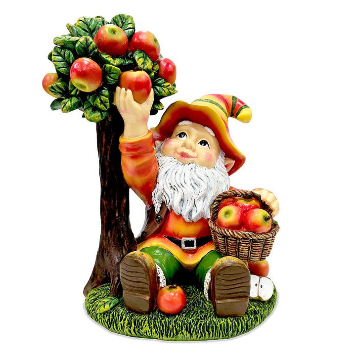Johnny Apple Gnome Cute Garden Statue, 9" Orchid Picker Whimsical Dwarf Figurine Resin Statues OrnamentallyYou 