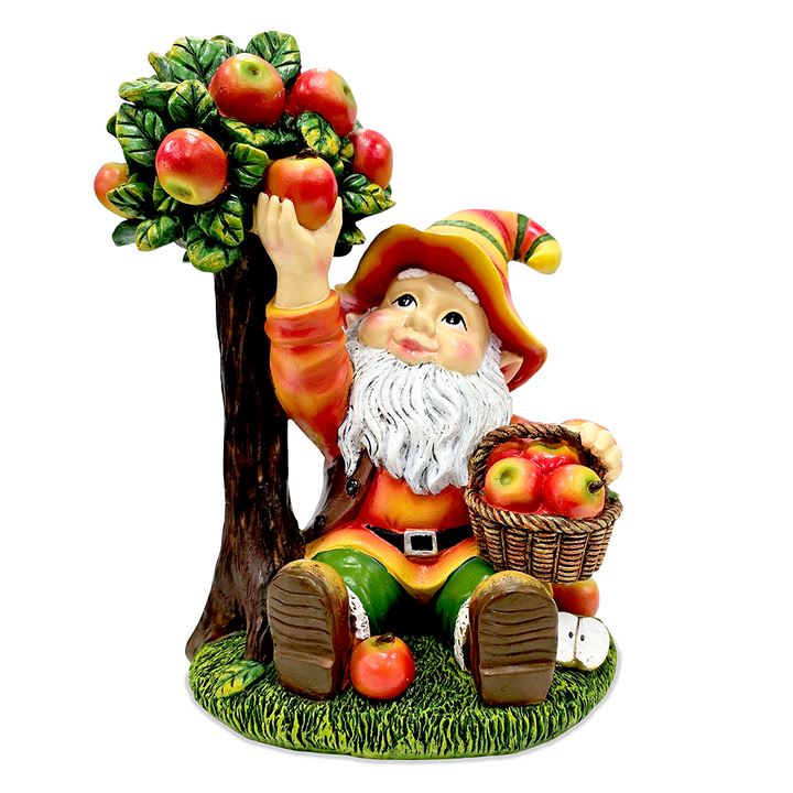 Johnny Apple Gnome Cute Garden Statue, 9" Orchid Picker Whimsical Dwarf Figurine