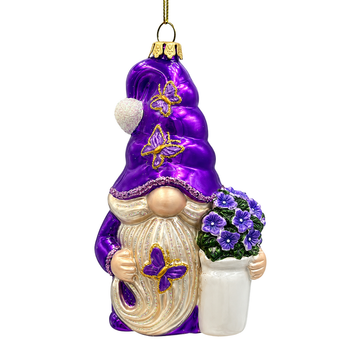(PRE-ORDER) Lavender Gnome with Flowers and Butterflies Glass Christmas Ornament, Purple Garden Floral Tree Decor