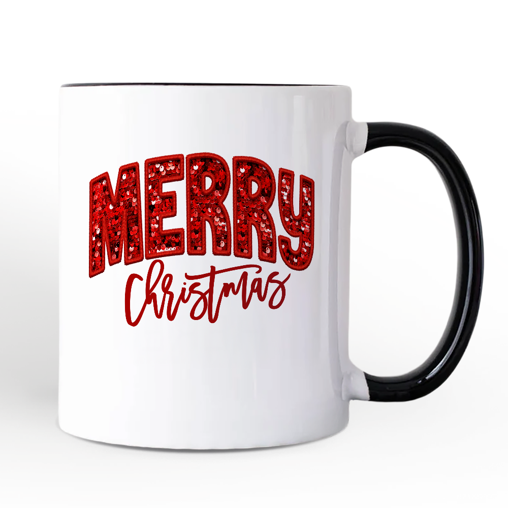 Merry Christmas Sequin Personalized Mug, Bold Red Glitter Custom Gift for Festive Holiday Season