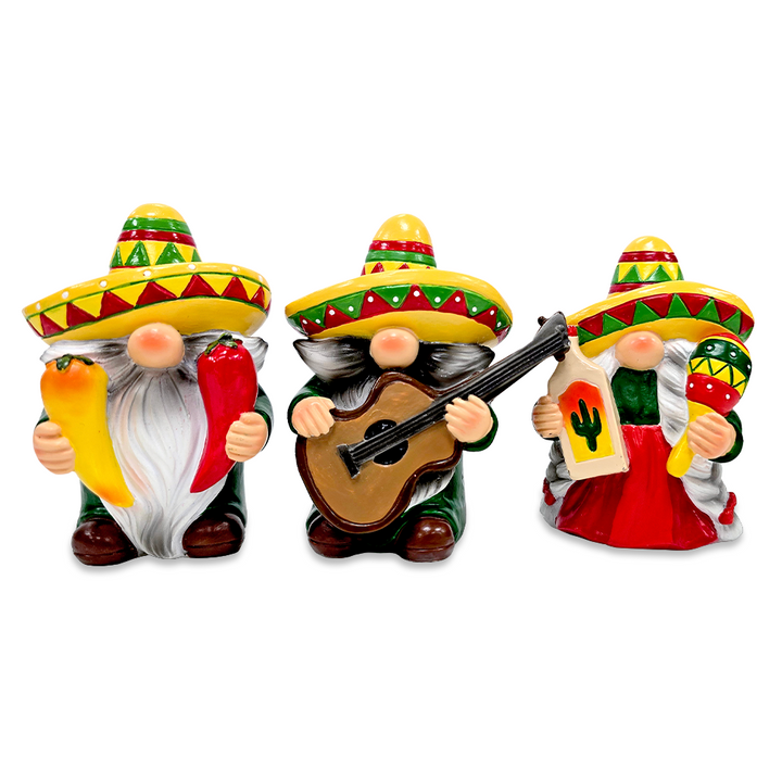 Mexican Gnome Garden Statue Set of 3, 4" Fiesta Dwarf Figurines Outdoor Decor