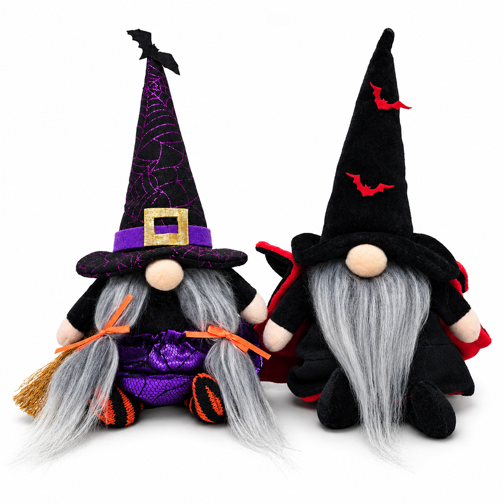 Midnight Magic Plush Gnome Set of 2, Gothic Witch and Vampire 10" Halloween Decor