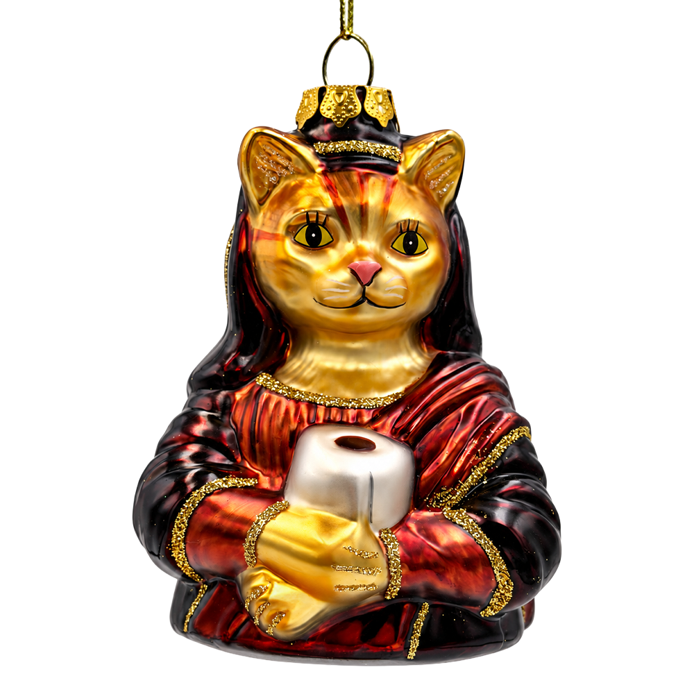 (PRE-ORDER) Mona Lisa Cat with Toilet Paper Glass Ornament, Funny Art Lover Feline Museum Inspired Tree Decor