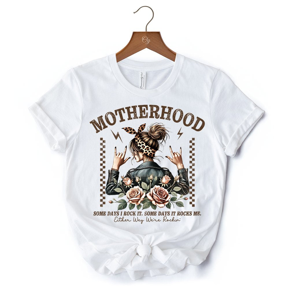 Motherhood Mama Rock T-Shirt, Retro White and Natural Tee for Strong and Rocking Mothers T-Shirts OrnamentallyYou 