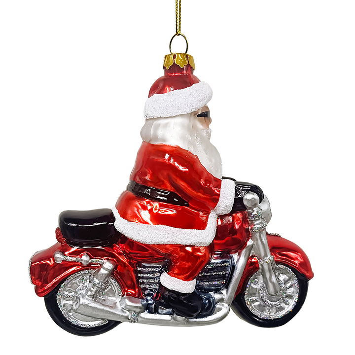 (Pre-Order) Motorcycle Santa Cruising Glass Christmas Ornament, Biker Gift