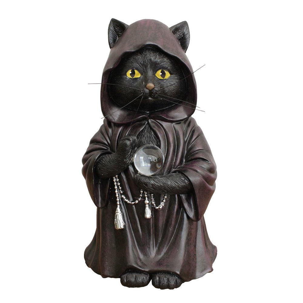 (Pre-Order) Ominous Black Cat Wizard Figurine, 7" Solar Light Gothic Yard Statue Decor Resin Statues OrnamentallyYou 