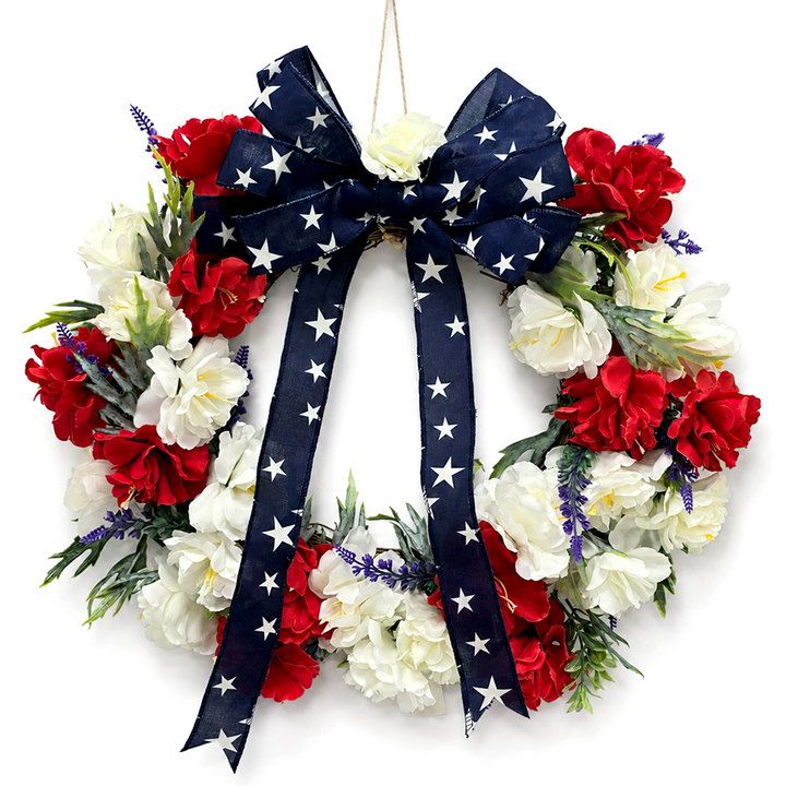 Patriotic Red White & Blue 18" Floral Wreath with Star Bow