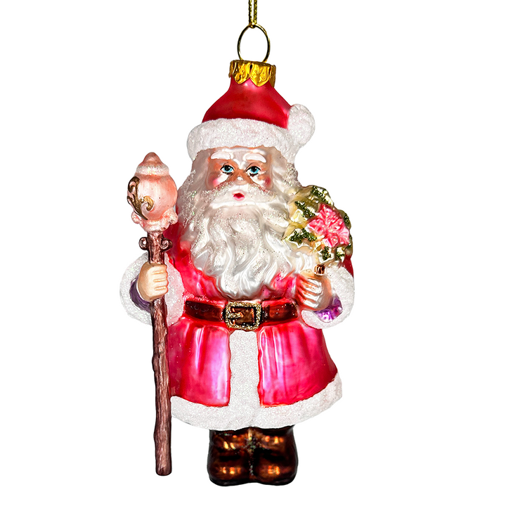 (Pre-Order) Pink Santa with Sceptor and Flowers Glass Christmas Ornament, Retro Tree Decor