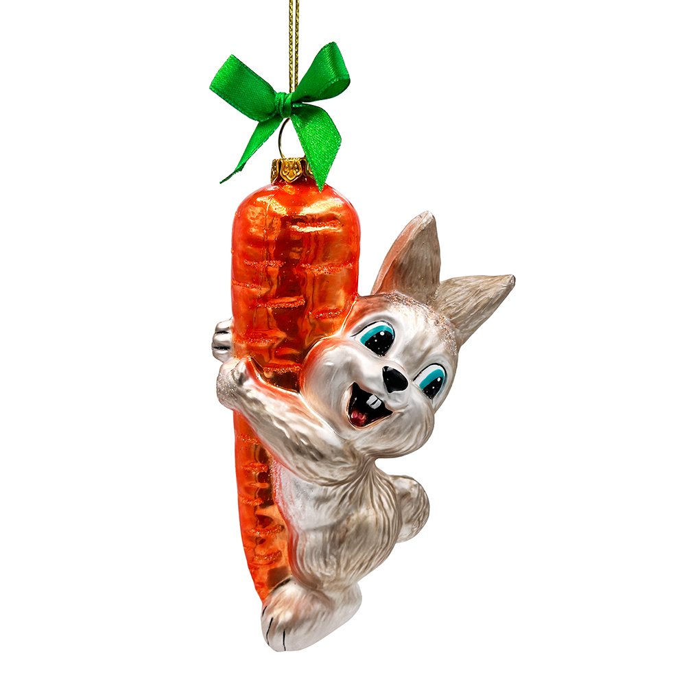 (Pre-Order) Playful Bunny Hanging on Carrot Glass Ornament, Christmas Gift for Kids Glass Ornament OrnamentallyYou 