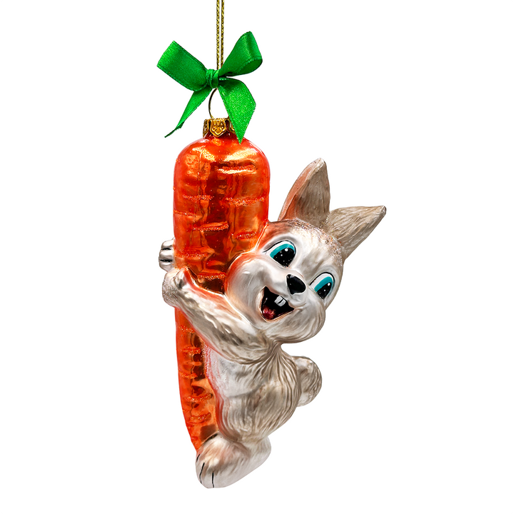 (Pre-Order) Playful Bunny Hanging on Carrot Glass Ornament, Christmas Gift for Kids