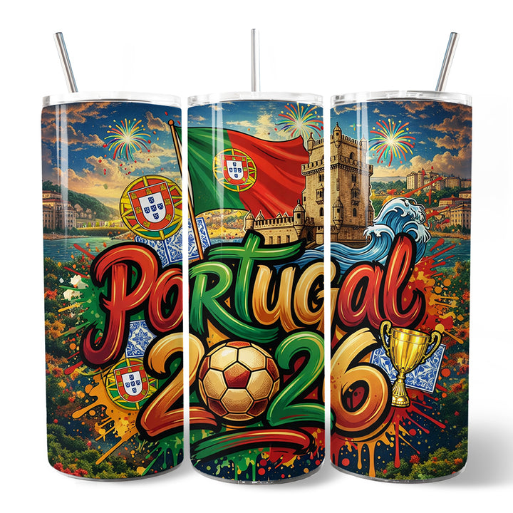 Portugal 2026 Soccer Cup Global Championship 20oz Tumbler With Lid and Stainless Steel Straw, Fans Football Gift Cup