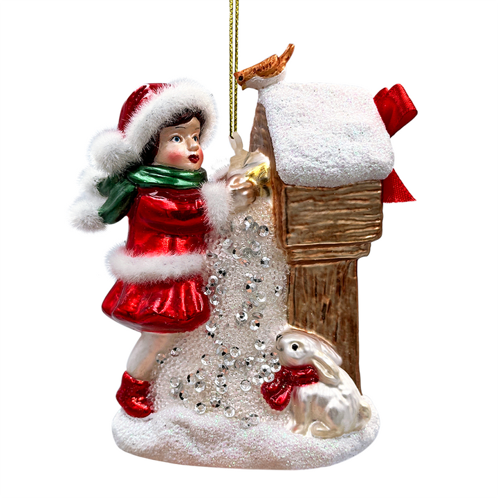 (Pre-Order) Quaint Little Winter Girl Feeding the Birds Glass Christmas Ornament, Cardinal Birdhouse Tree Decor