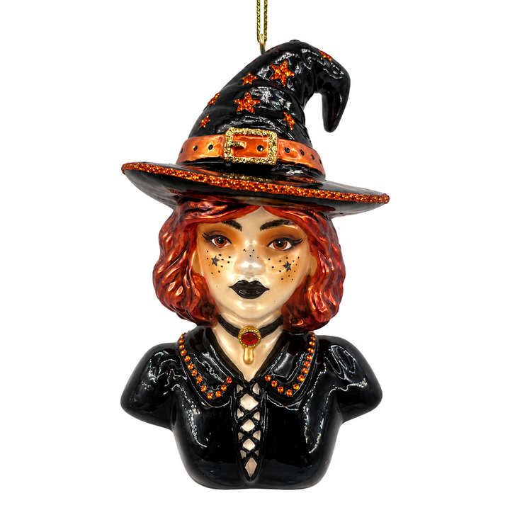 (PRE-ORDER) Red Haired Witch Bust Glass Ornament, Gothic Sorceress Halloween Tree Decor