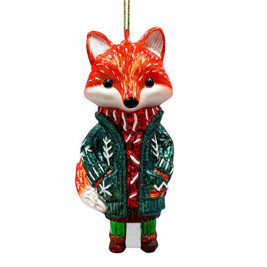 Red Nordic Fox in Sweater Glass Ornament, Scandinavian Christmas Tree Decor Glass Ornament OrnamentallyYou 