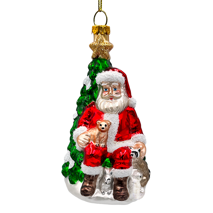 (Pre-Order) Santa with Woodland Animals Glass Christmas Ornament, Handblown Tree Decor