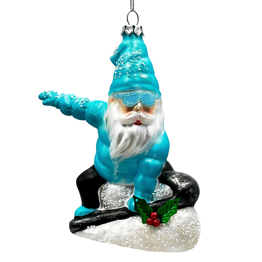 Snowboarding Gnome Glass Christmas Ornament, Winter Blue Aspen Tree Decor Glass Ornament OrnamentallyYou 