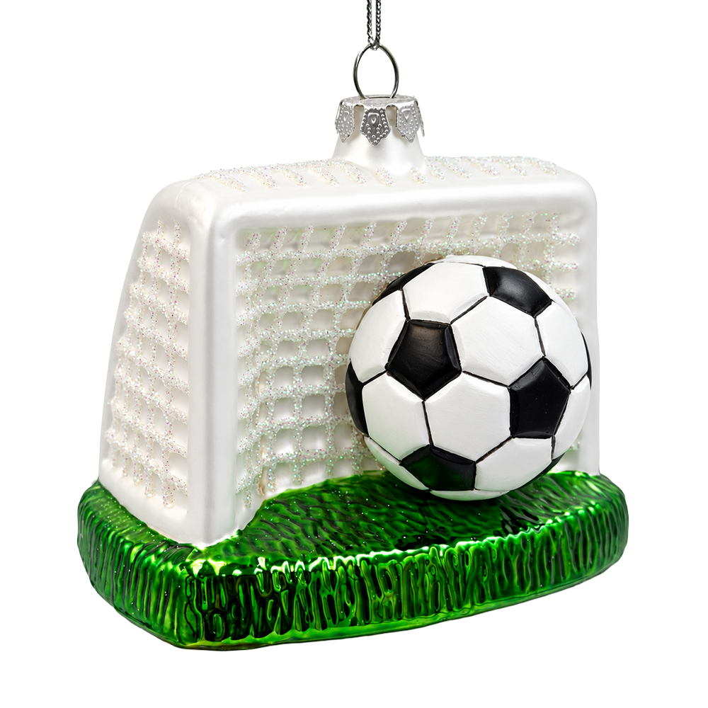 (PRE-ORDER) Soccer Ball and Goal Glass Christmas Ornament, Soccer Player Sports Holiday Tree Decor