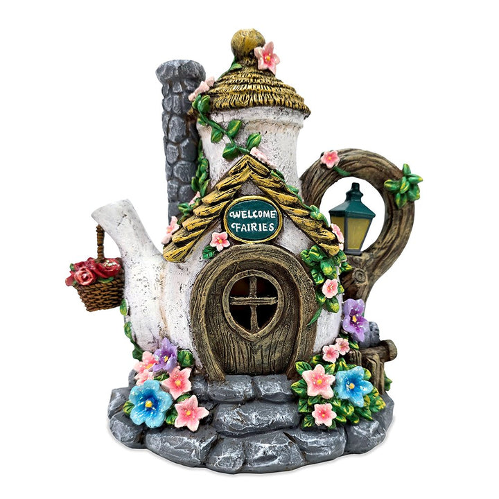 Solar Fairy Tea Pot House Garden Statue, 8" Lighted Mushroom Cottage Figurine Outdoor Decor Resin Statues OrnamentallyYou 