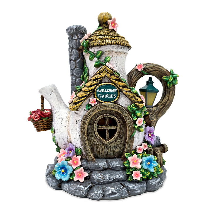 Solar Fairy Tea Pot House Garden Statue, 8 Lighted Mushroom Cottage Figurine Outdoor Decor