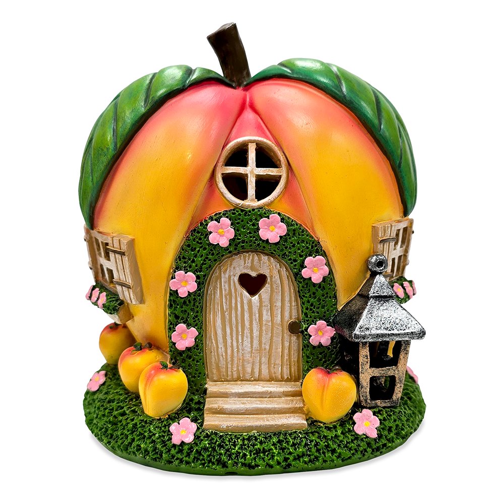 Solar Powered Peach Themed Garden Home Statue, 7" Lighted Cottage Figurine Outdoor Decor Resin Statues OrnamentallyYou 