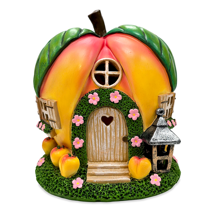 Solar Powered Peach Themed Garden Home Statue, 7" Lighted Cottage Figurine Outdoor Decor