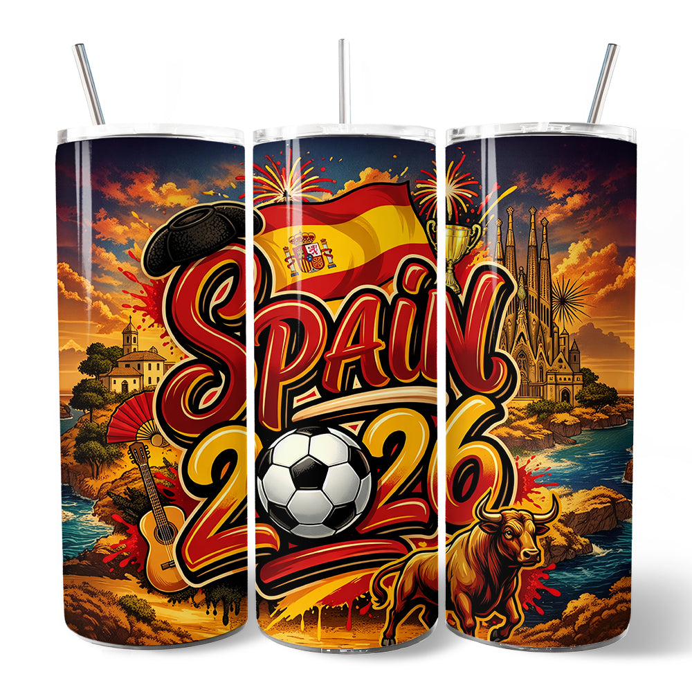 Spain 2026 Soccer Cup Global Championship 20oz Tumbler With Lid and Stainless Steel Straw, Fans Football Gift Cup