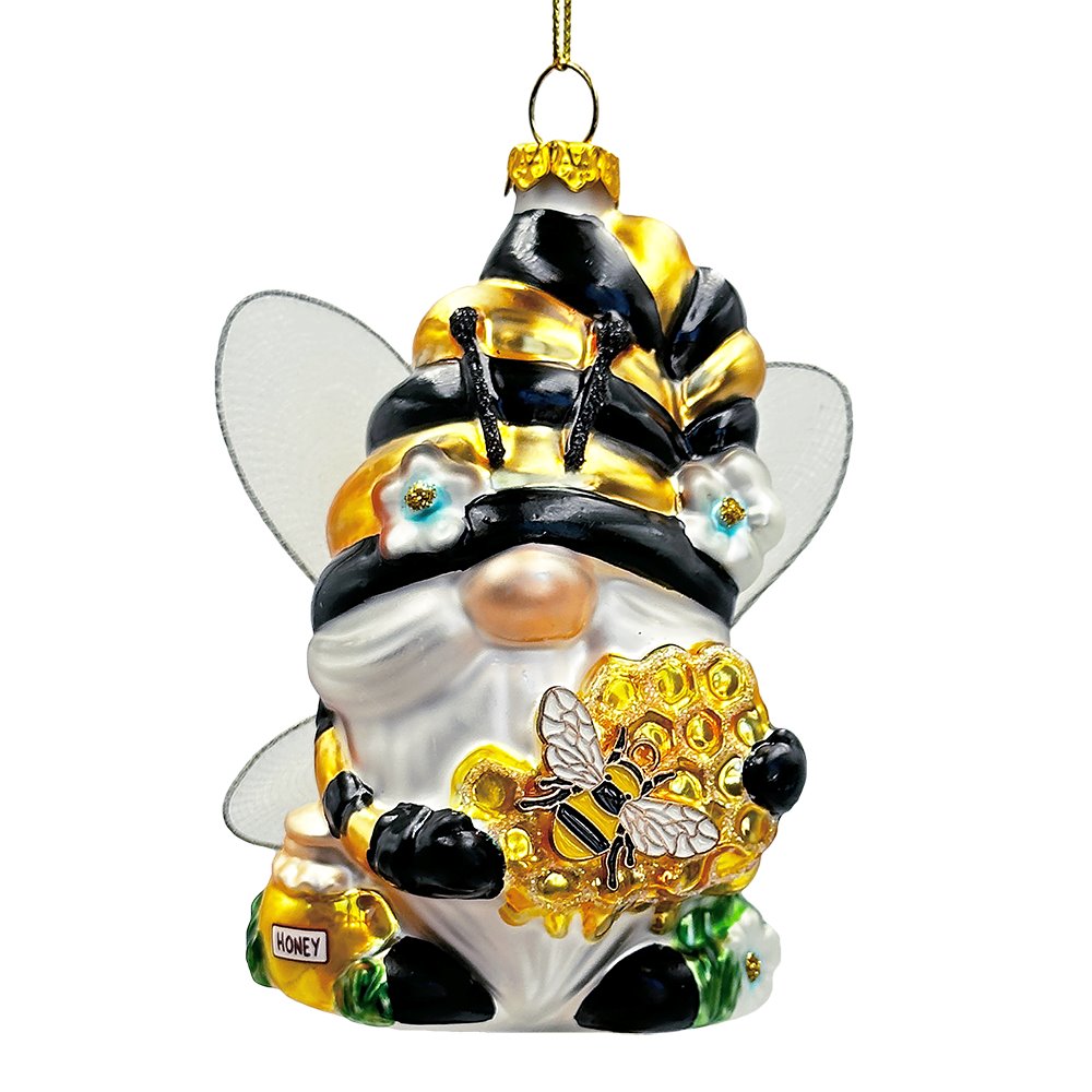 Sparkling Bee Gnome Glass Christmas Ornament, Bumblebee Themed Holiday Decor Glass Ornament OrnamentallyYou 