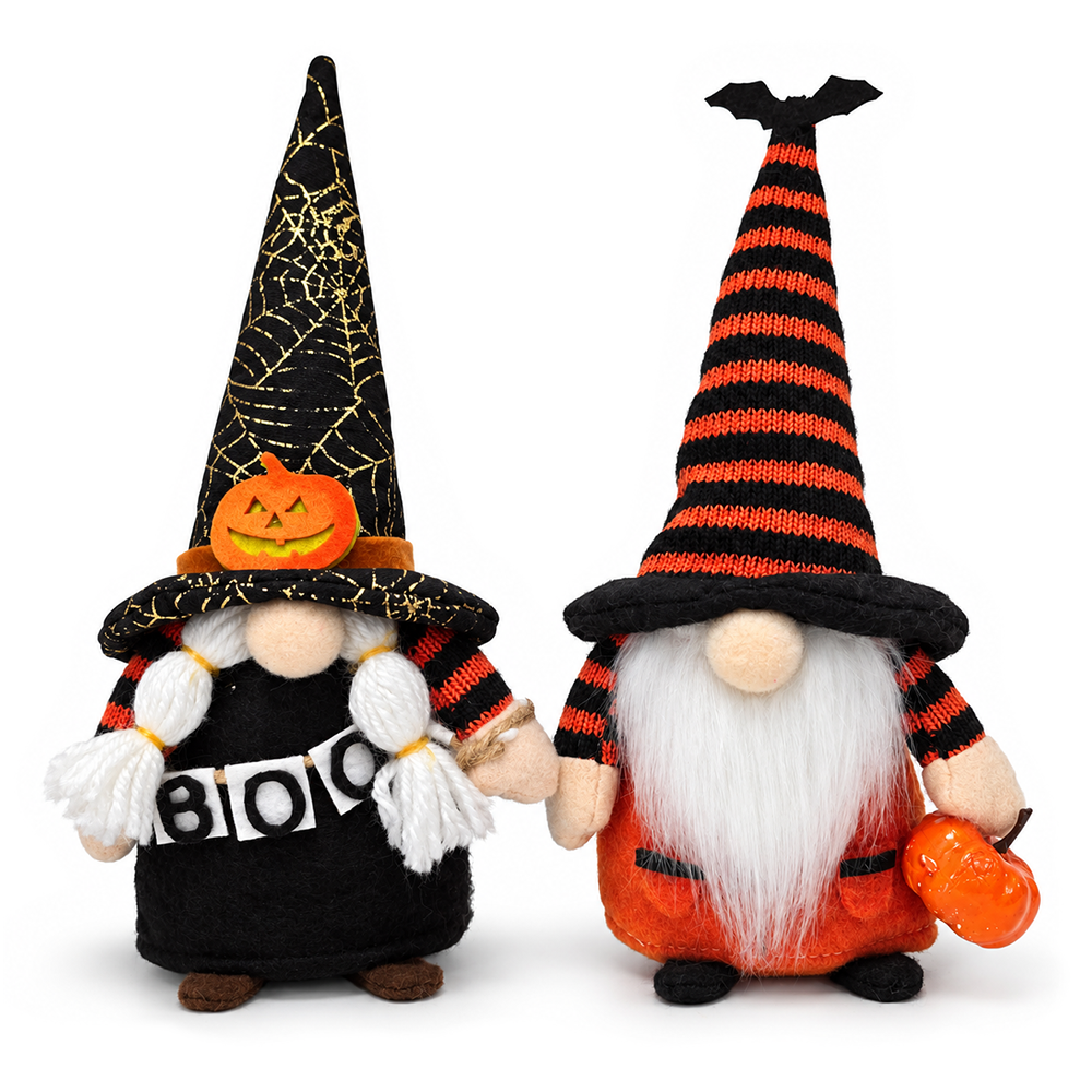 Spooky Pumpkin Plush Gnome Set of 2, Trick or Treat Halloween 10" Tabletop Decor
