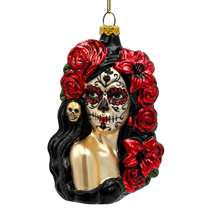 (PRE-ORDER) Sugar Skull Woman with Red Roses Glass Ornament, Day of the Dead Gothic Halloween Decor