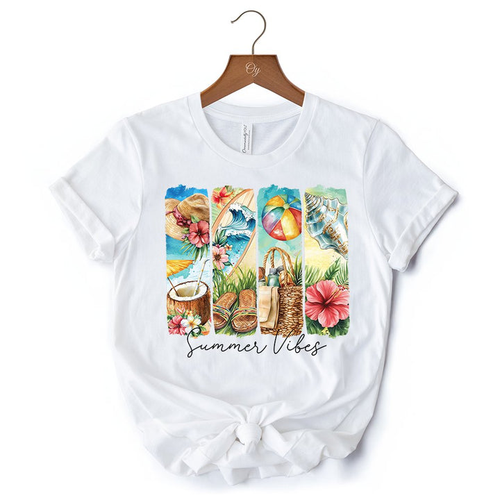 Summer Vibes T-Shirt, White and Natural Beach Tee with Coconut and Flowers T-Shirts OrnamentallyYou 
