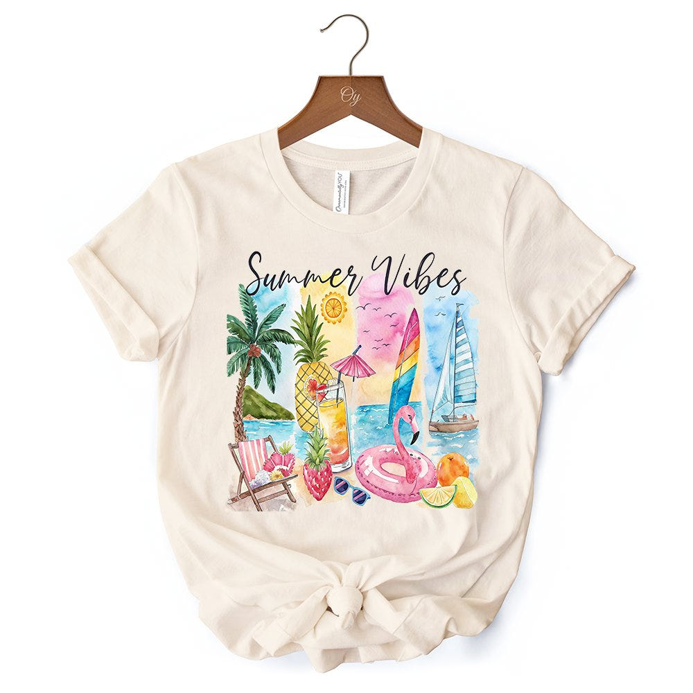 Summer Vibes T-Shirt, White and Natural Vacation Beach Tee T-Shirts OrnamentallyYou 
