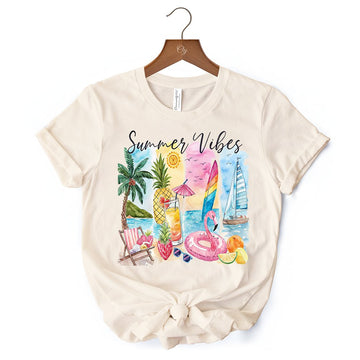 Summer Vibes T-Shirt, White and Natural Vacation Beach Tee T-Shirts OrnamentallyYou 
