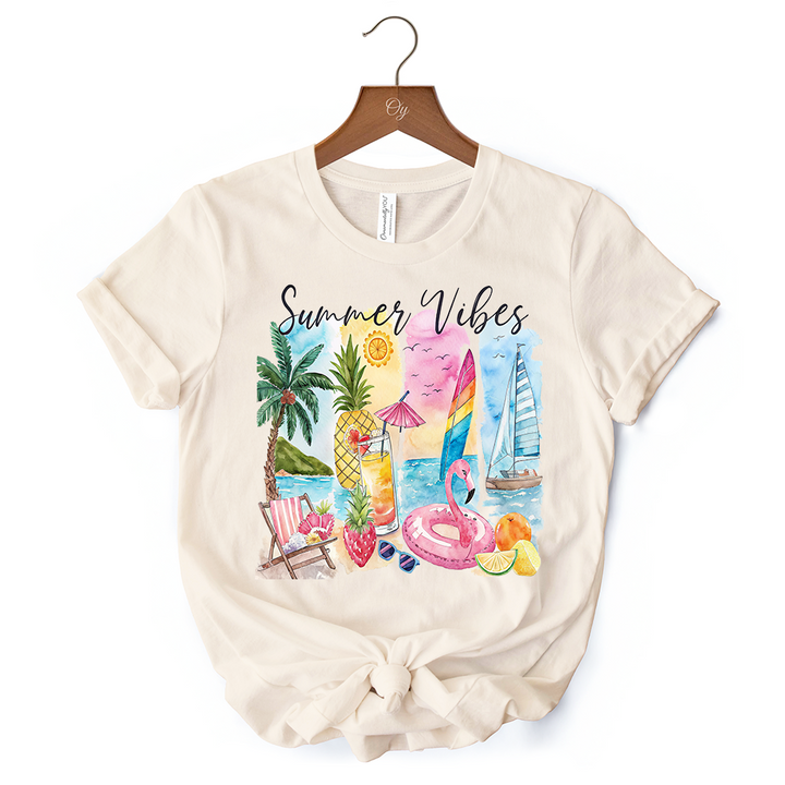 Summer Vibes T-Shirt, White and Natural Vacation Beach Tee