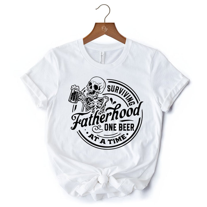 Surviving Fatherhood Skeleton Beer T-Shirt, White Vintage Tee for Tired and Hilarious Dads T-Shirts OrnamentallyYou 