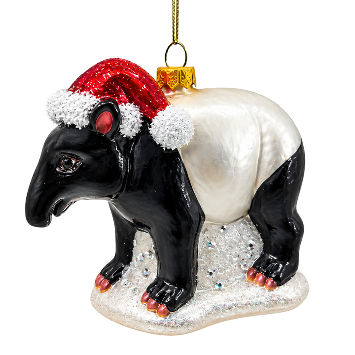 (PRE-ORDER) Tapir in Santa Hat Glass Christmas Ornament, Wildlife Lover Christmas Tree Decor