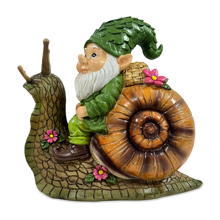 The Snailbound Gnome Cute Verdant Garden Statue, 10" Outdoor Yard or Forest Snail Decoration