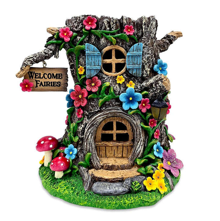 Tree Trunk Fairy Solar House Garden Statue, 8" Lighted Woodland Cottage Figurine Outdoor Decor Resin Statues OrnamentallyYou 