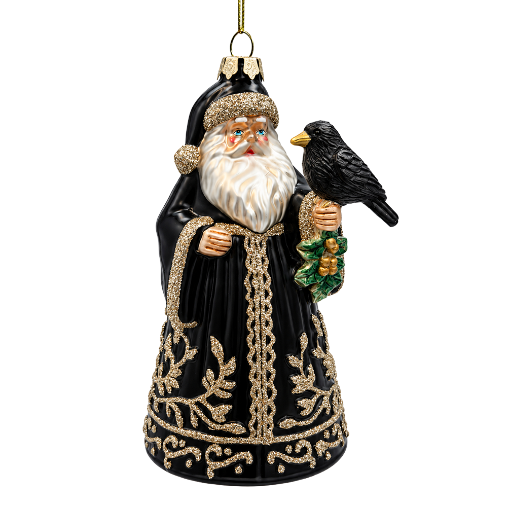 (PRE-ORDER) Victorian Gothic Santa with Raven Glass Christmas Ornament, Dark Holiday Tree Decor